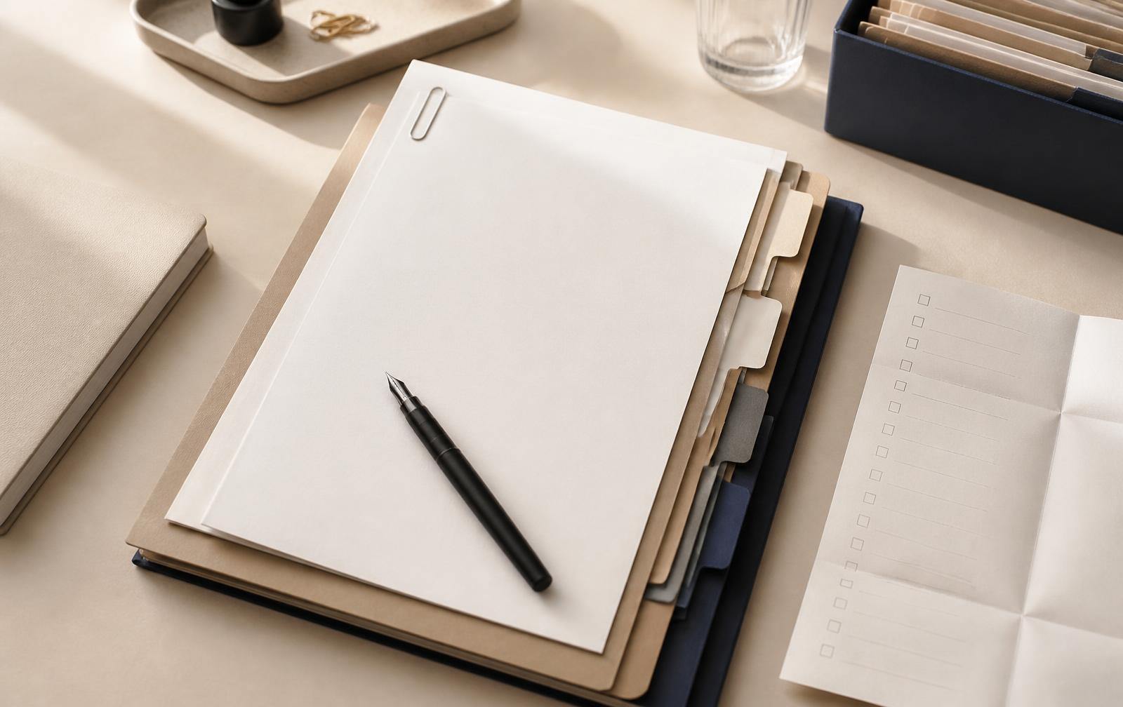 An open case file with indexed documents and a fountain pen laid across it